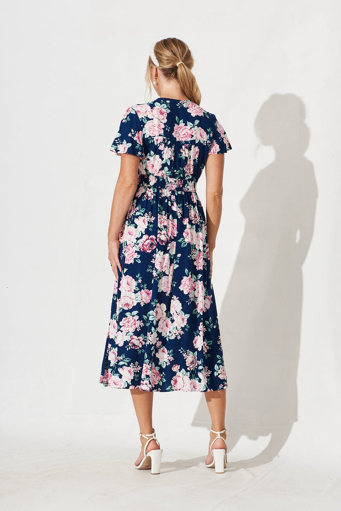 Nikke Midi Dress In Navy With Pink Floral - back