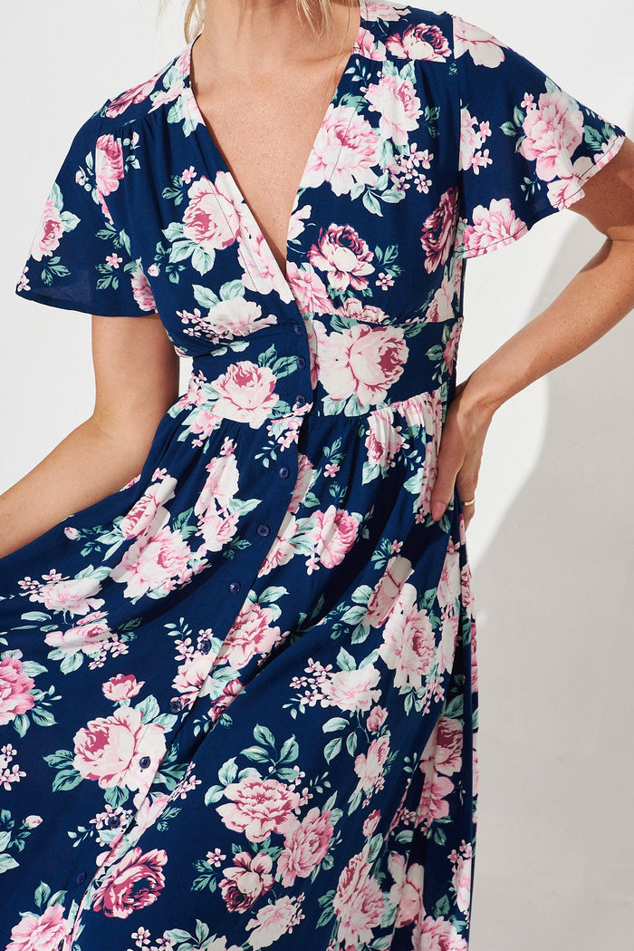 Nikke Midi Dress In Navy With Pink Floral - detail