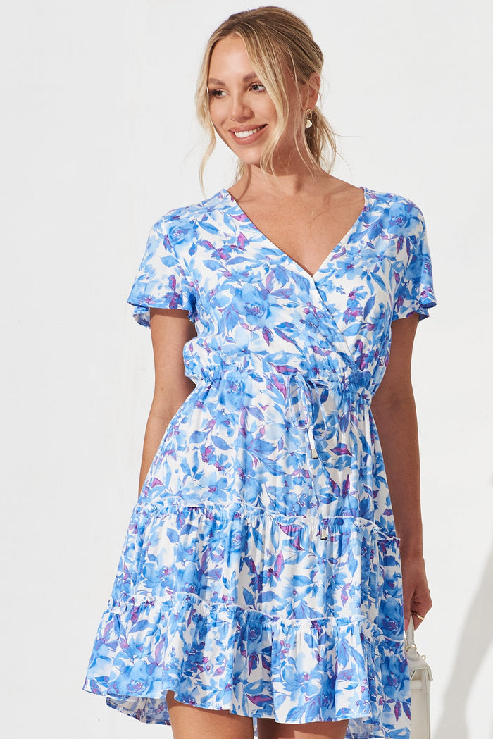 Pisces Dress In White With Blue Purple Floral - front