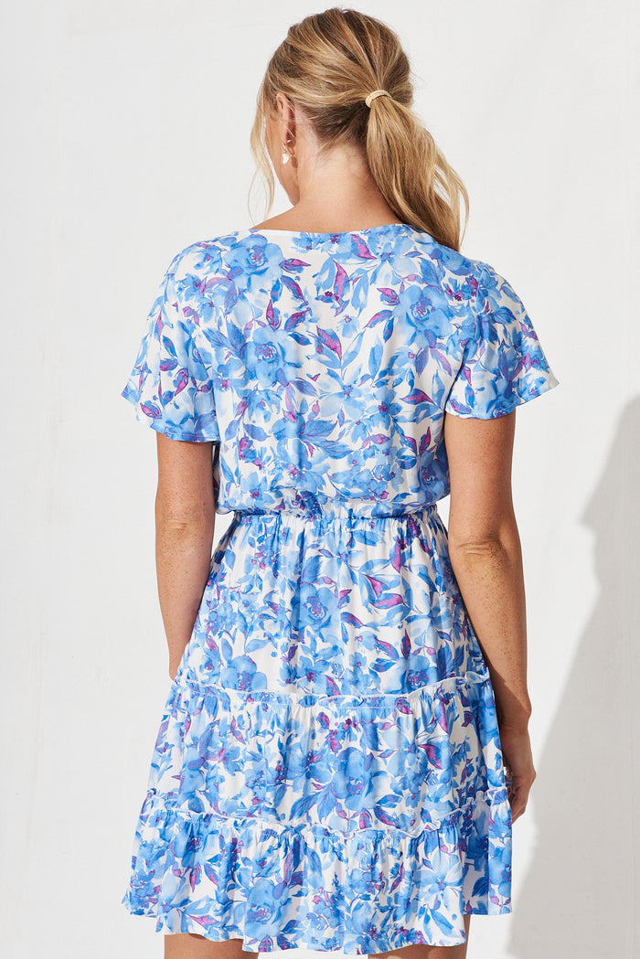 Pisces Dress In White With Blue Purple Floral - back