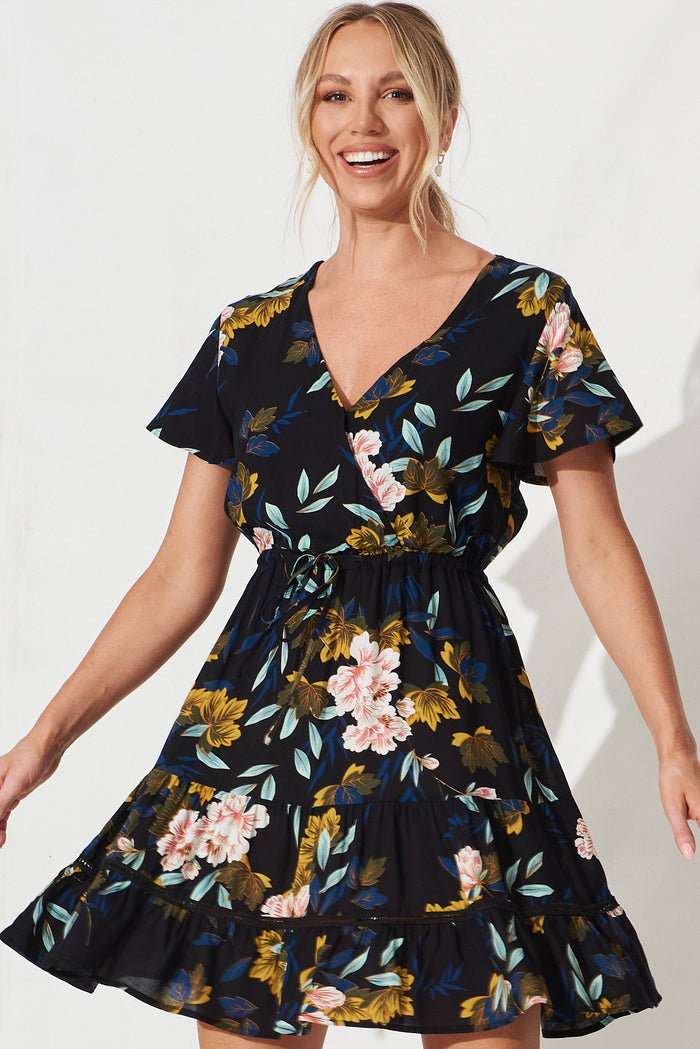 Prissa Dress In Black With Green Floral - front