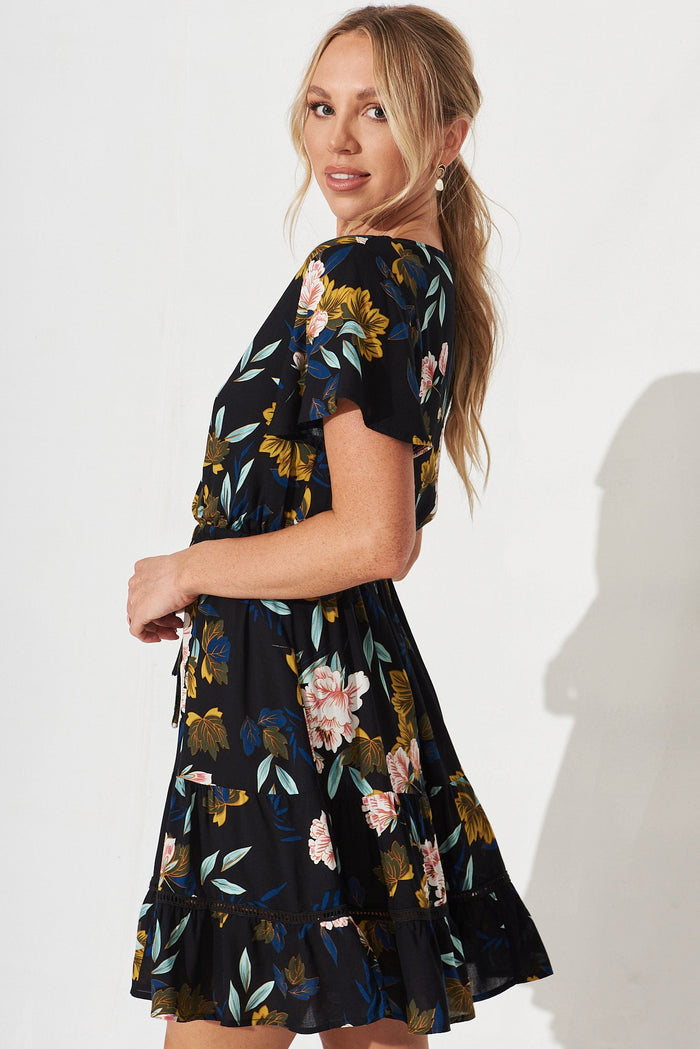 Prissa Dress In Black With Green Floral - side
