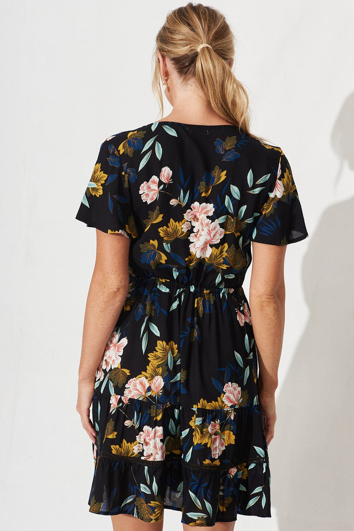Prissa Dress In Black With Green Floral - back