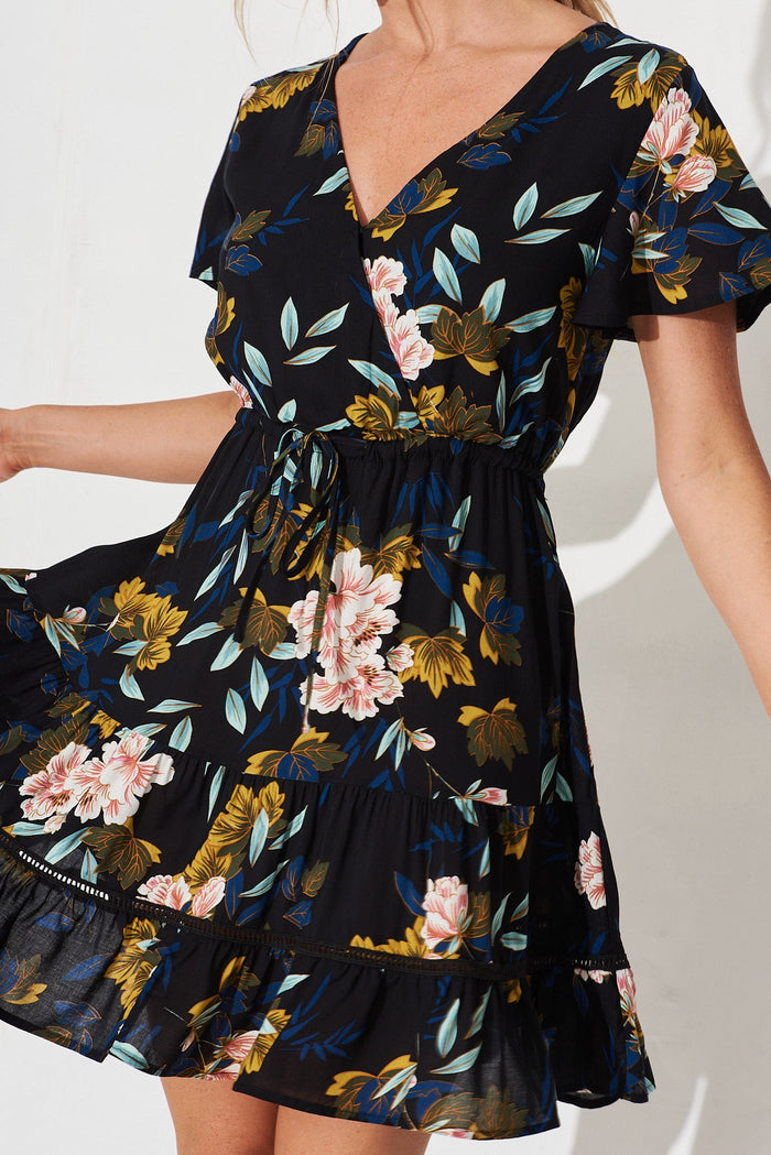 Prissa Dress In Black With Green Floral - detail