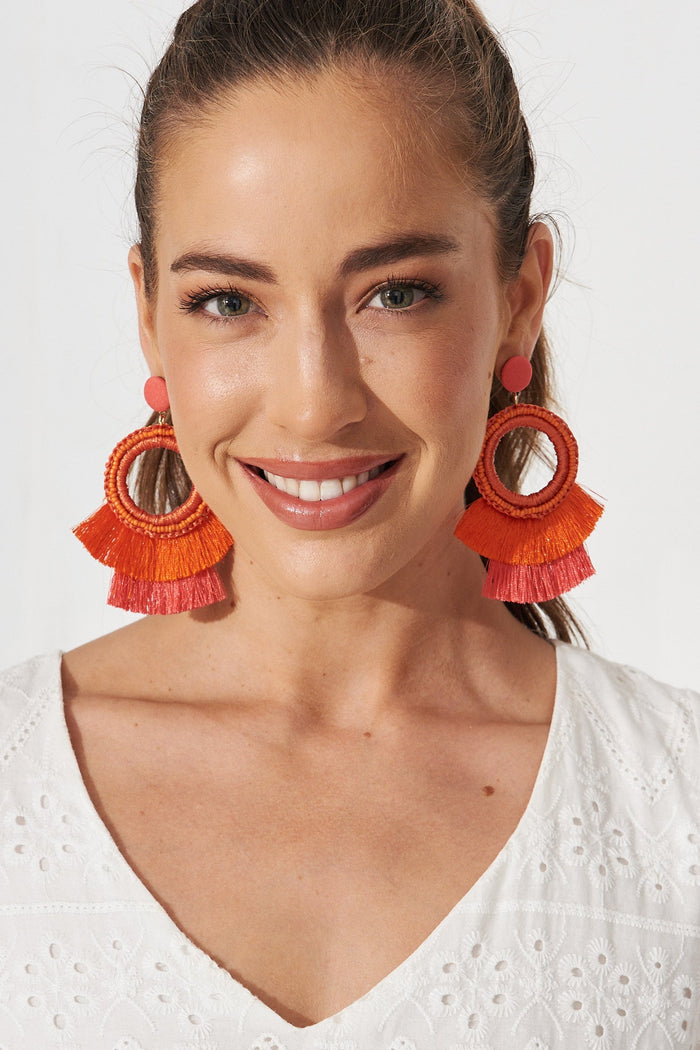 August + Delilah Katrisha Drop Earrings In Coral Tassles - St Frock (Dev)