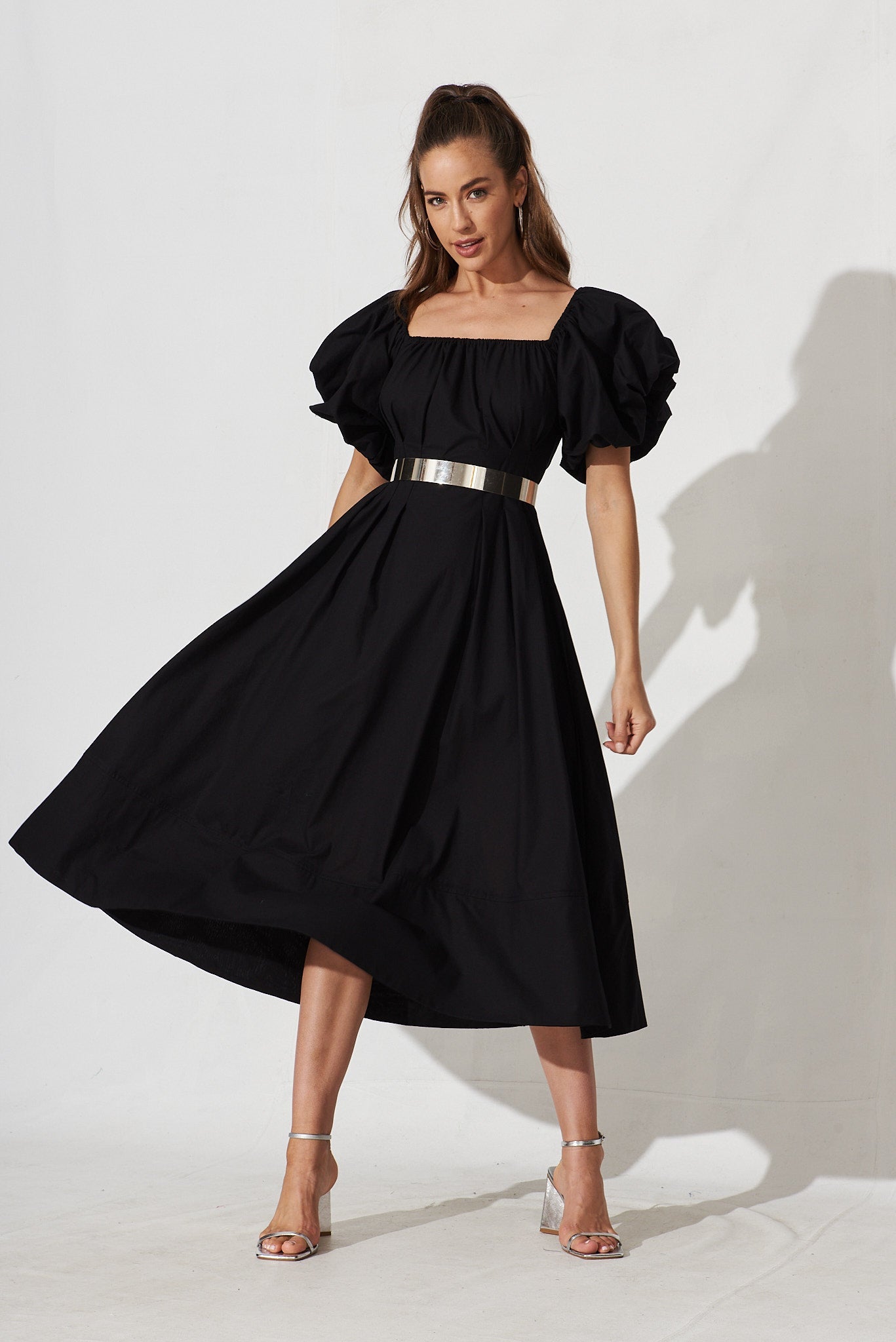 Amabelle Midi Dress In Black Cotton - full length