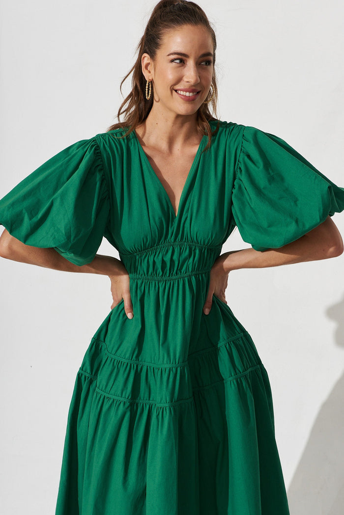 Amal Midi Dress In Green Cotton - front