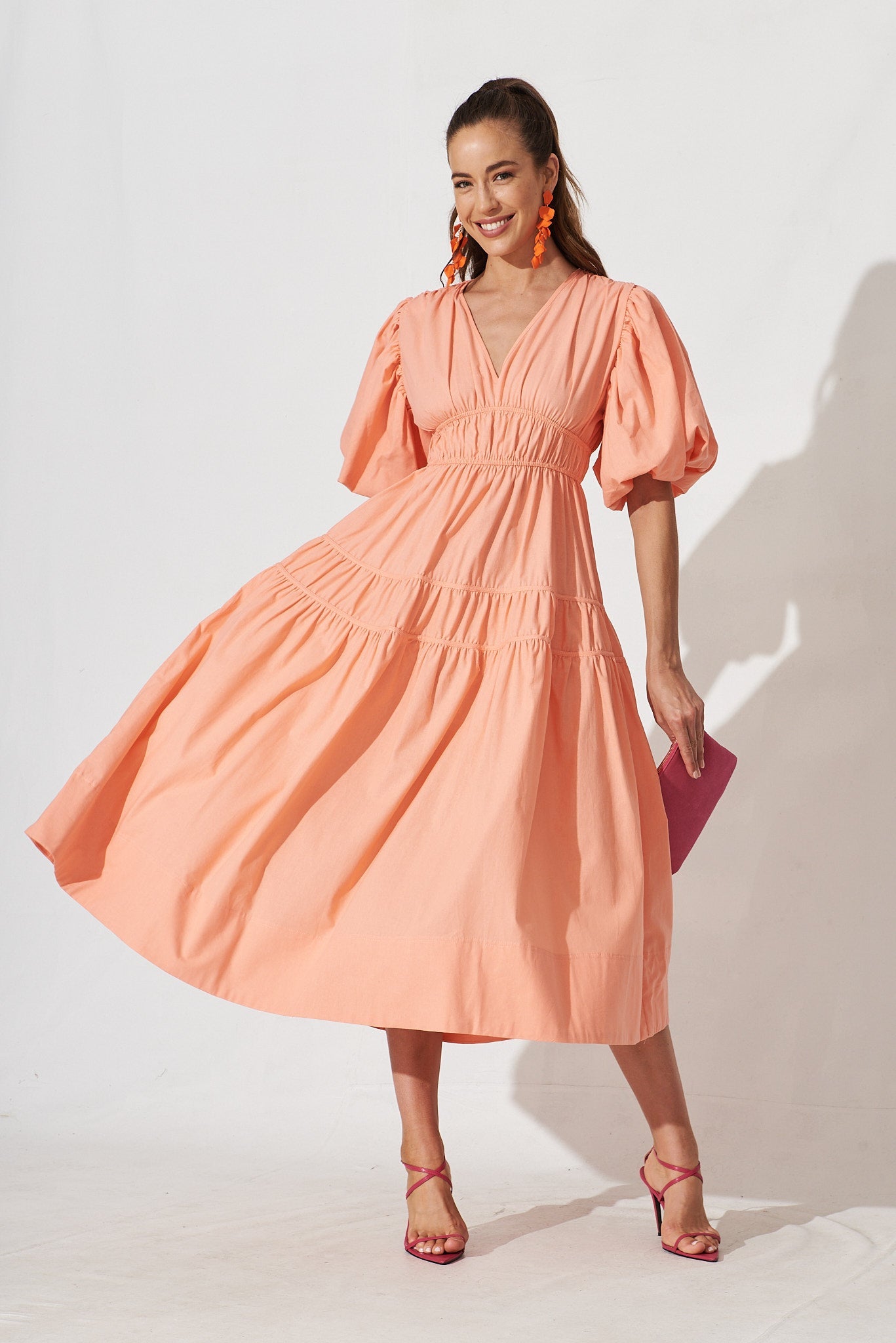 Amal Midi Dress In Coral Cotton - full length