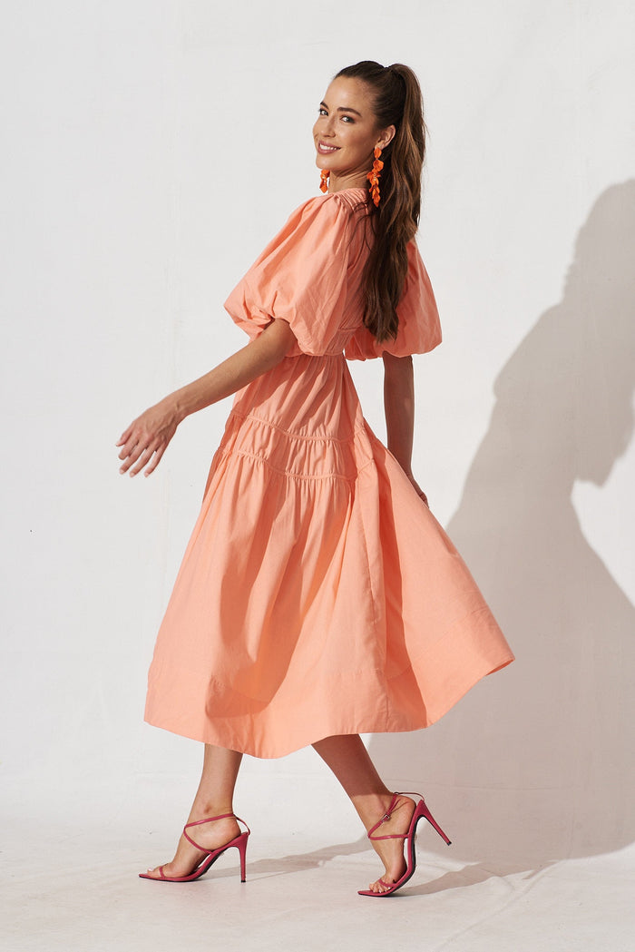 Amal Midi Dress In Coral Cotton - side