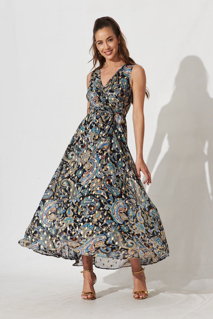 Manildra Maxi Dress Black With Blue Paisley Print - full length
