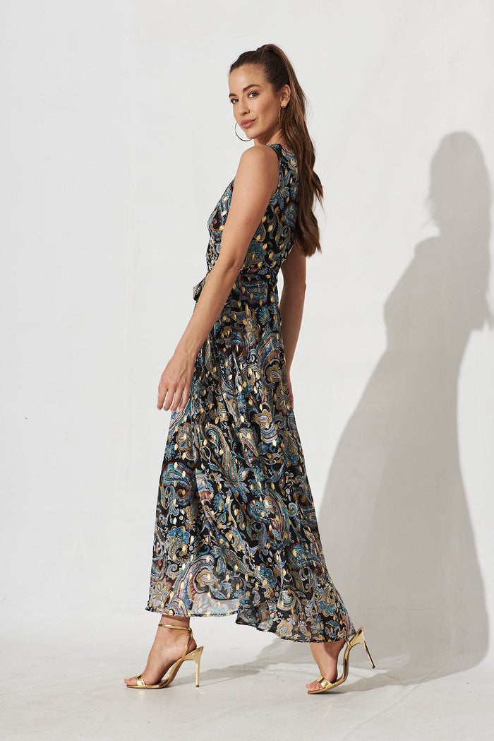 Manildra Maxi Dress Black With Blue Paisley Print - side