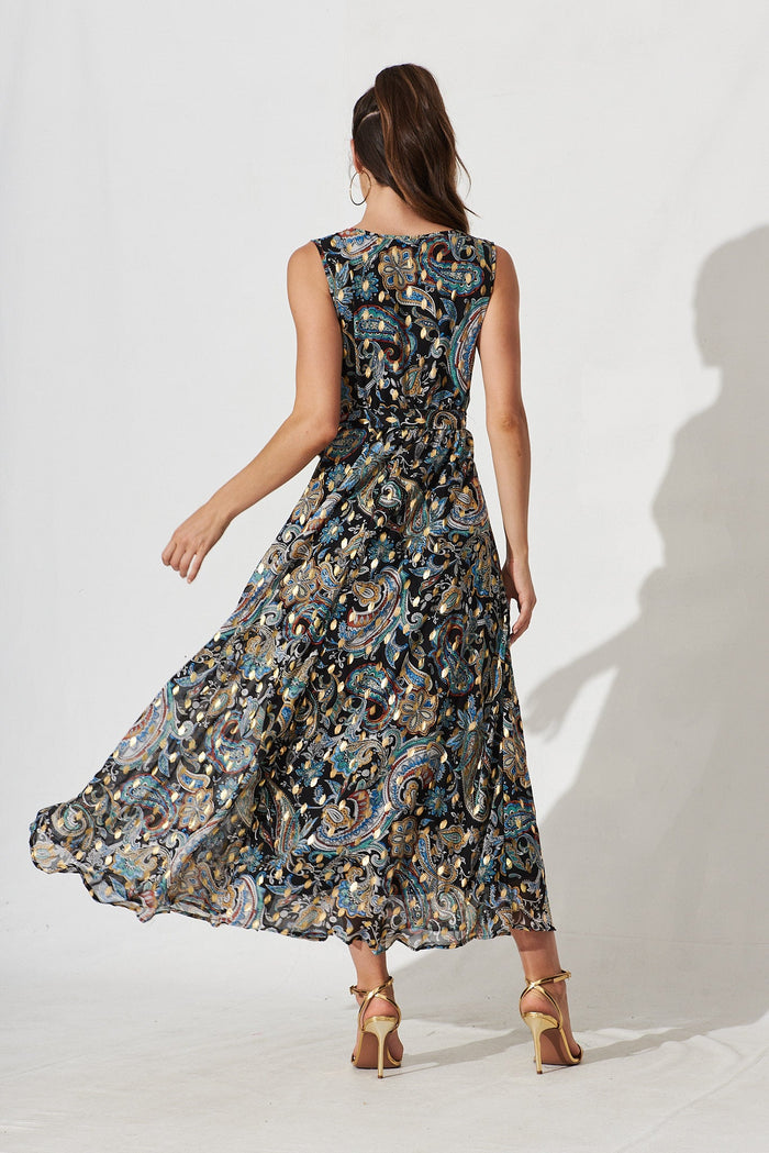 Manildra Maxi Dress Black With Blue Paisley Print - back