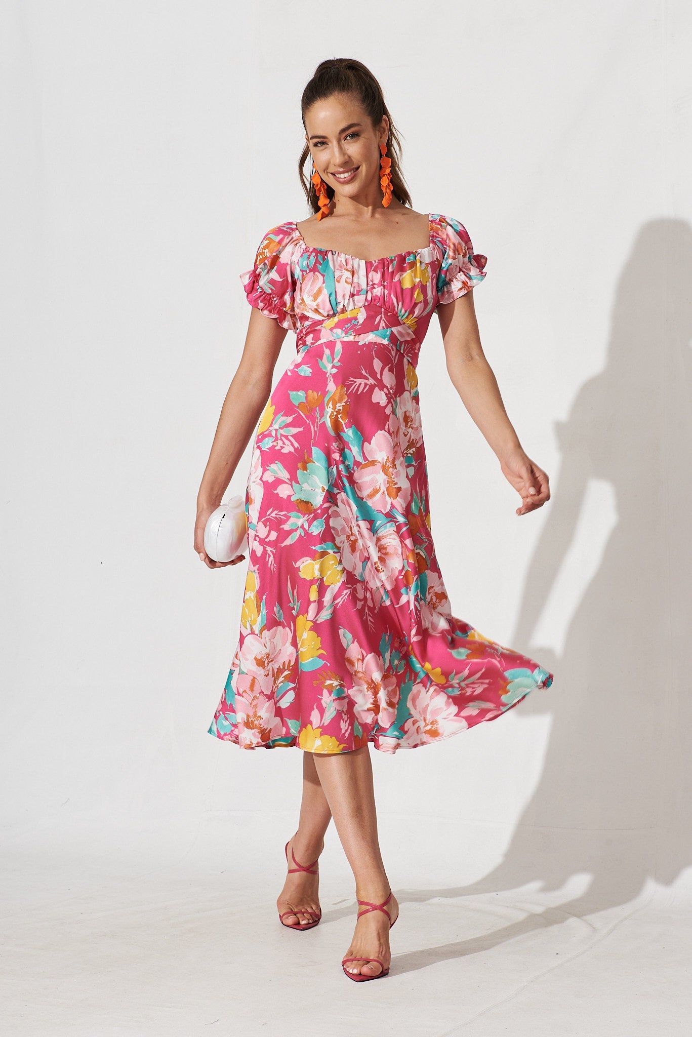 Lopez Midi Dress In Pink With Multi Floral Satin - full length