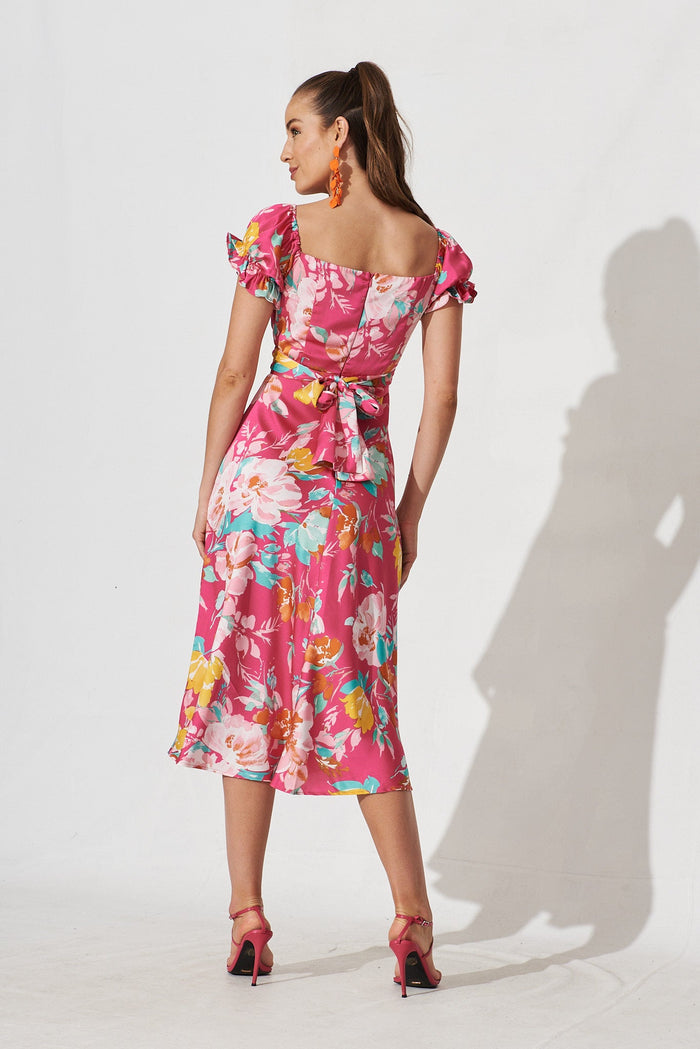Lopez Midi Dress In Pink With Multi Floral Satin - back
