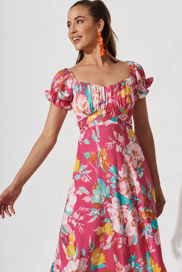 Lopez Midi Dress In Pink With Multi Floral Satin - front