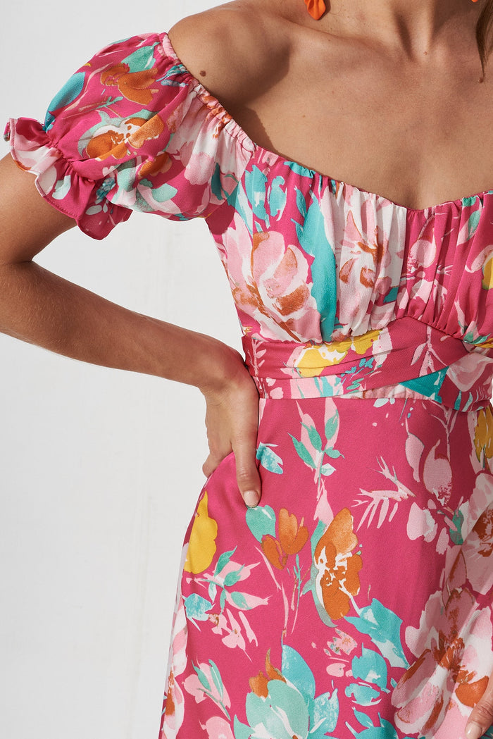 Lopez Midi Dress In Pink With Multi Floral Satin - detail