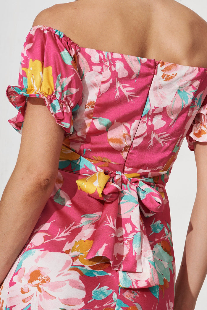 Lopez Midi Dress In Pink With Multi Floral Satin - detail