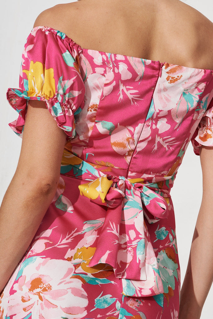 Lopez Midi Dress In Pink With Multi Floral Satin - detail