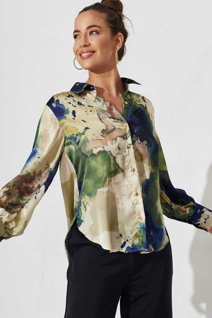 Hinami Shirt In Green With Navy Print Chiffon - front