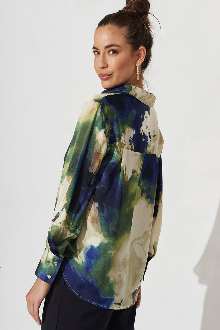 Hinami Shirt In Green With Navy Print Chiffon - side
