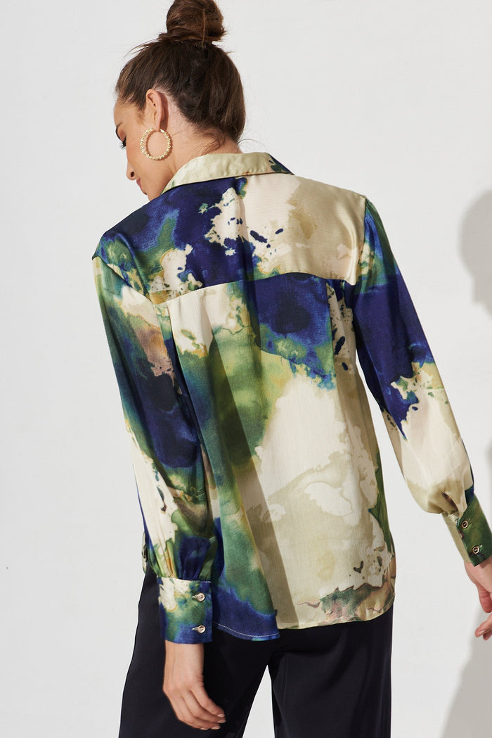 Hinami Shirt In Green With Navy Print Chiffon - back