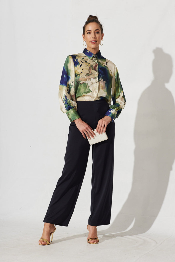 Hinami Shirt In Green With Navy Print Chiffon - full length