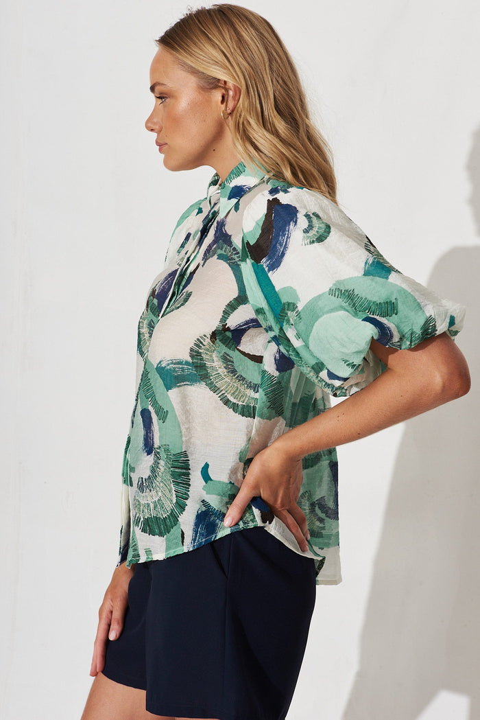 Aeryn Shirt In White With Green Multi - side