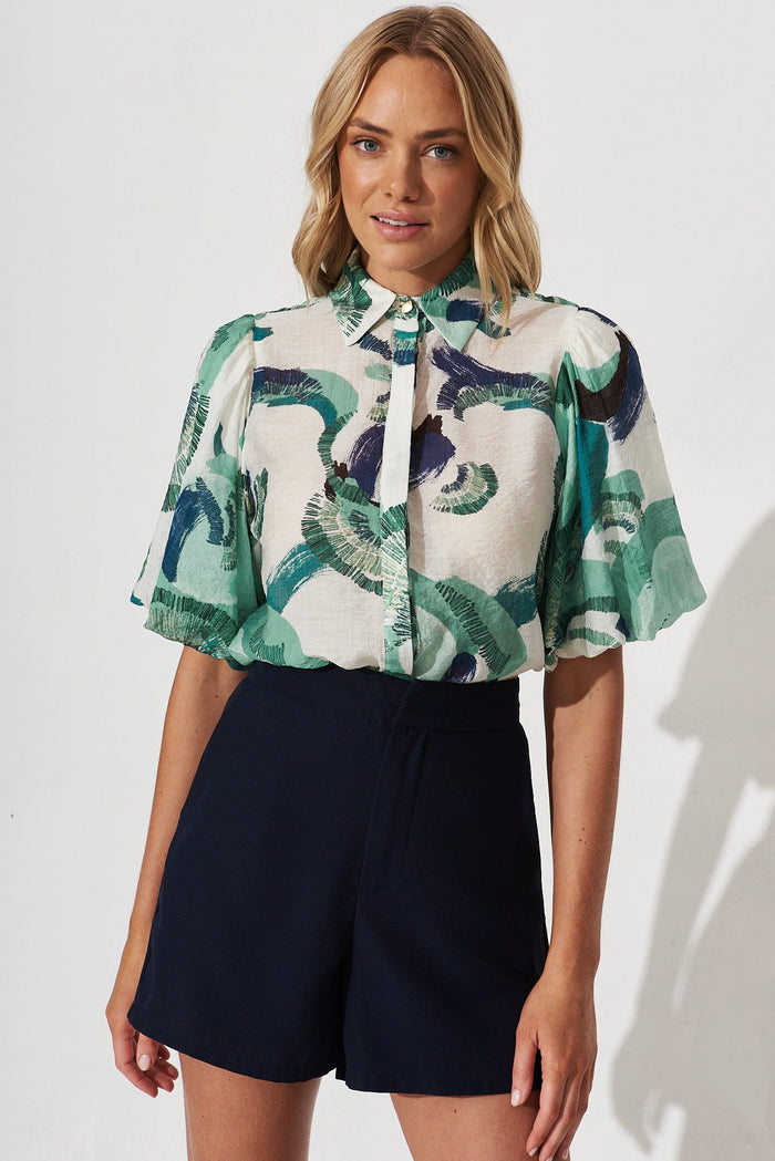 Aeryn Shirt In White With Green Multi - front