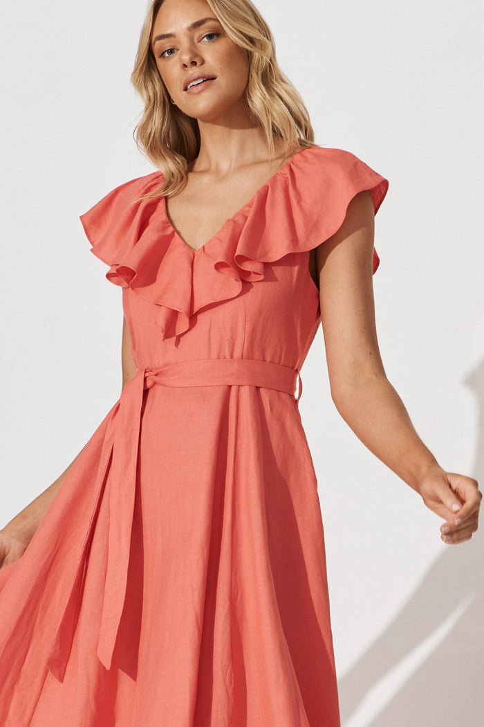 Suna Midi Dress In Coral Cotton Blend - front