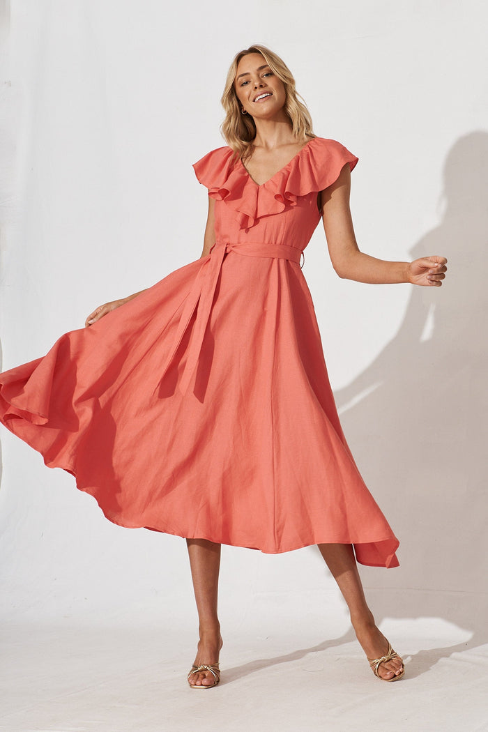 Suna Midi Dress In Coral Cotton Blend - full length