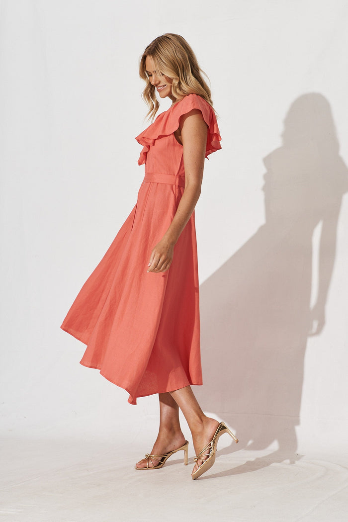 Suna Midi Dress In Coral Cotton Blend - side