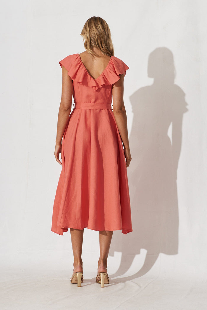 Suna Midi Dress In Coral Cotton Blend - back