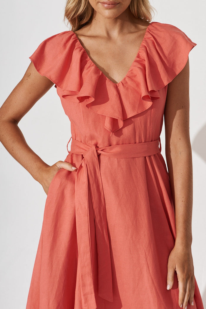 Suna Midi Dress In Coral Cotton Blend - detail