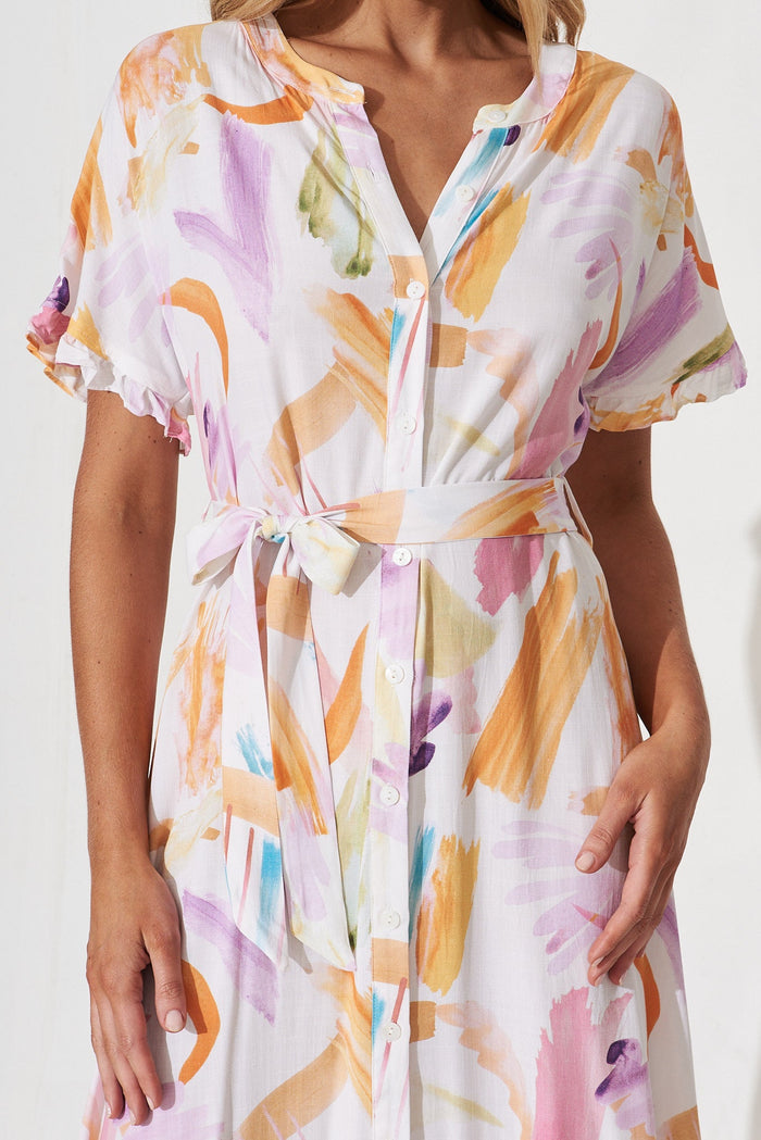 Nerja Midi Shirt Dress In White With Multi Print Linen Blend - detail