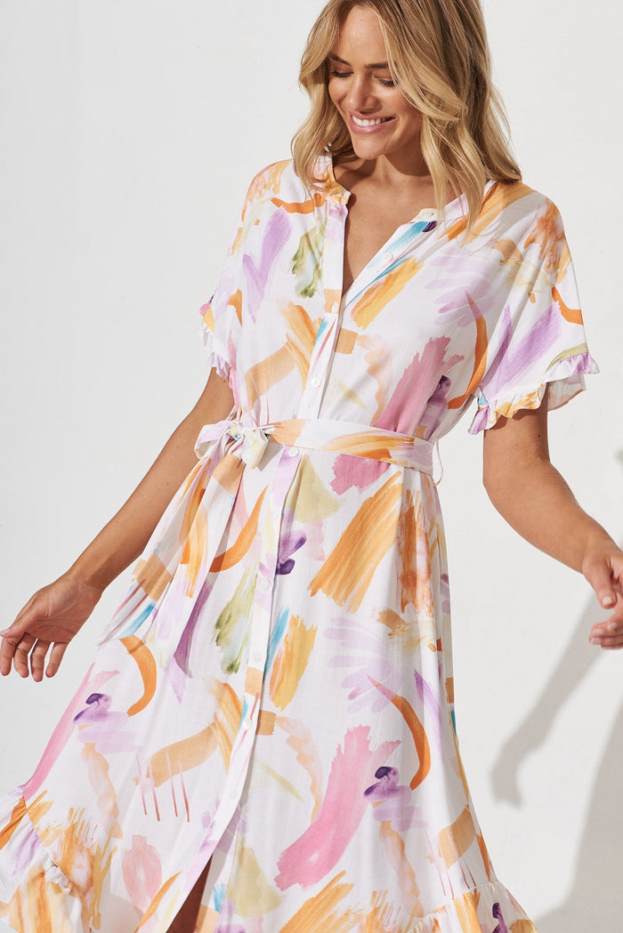Nerja Midi Shirt Dress In White With Multi Print Linen Blend - front