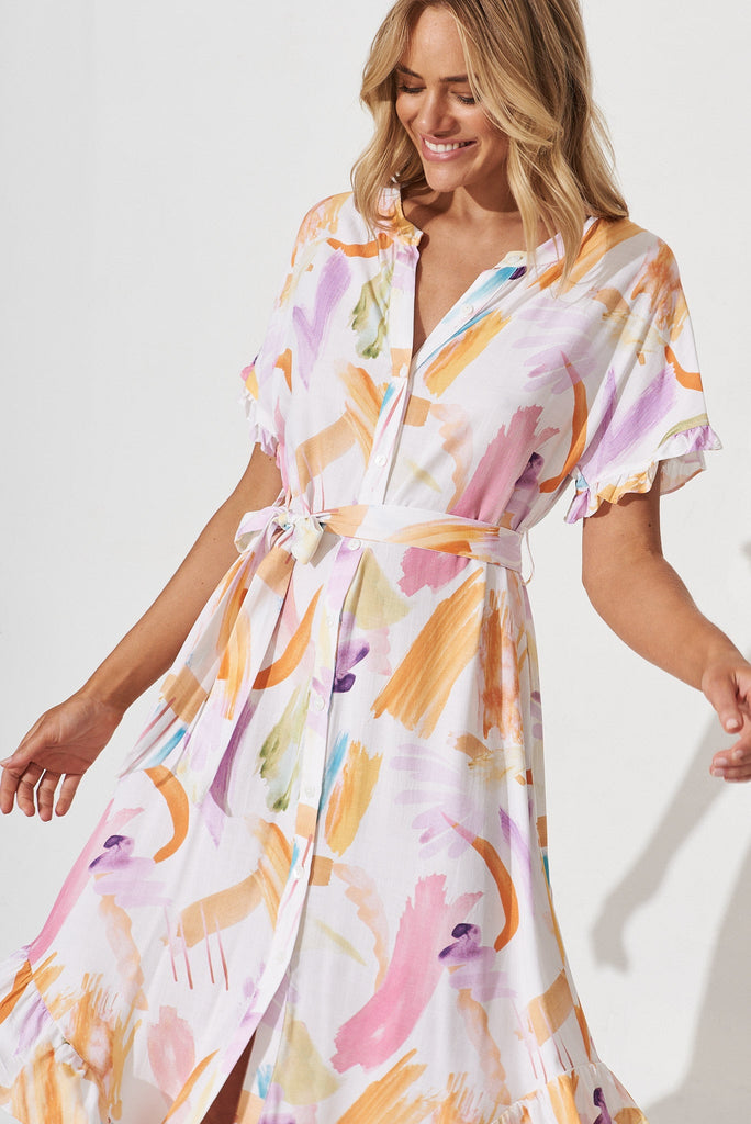 Nerja Midi Shirt Dress In White With Multi Print Linen Blend - front