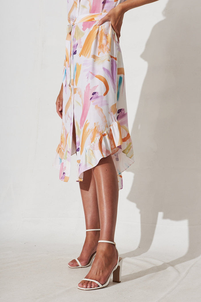 Nerja Midi Shirt Dress In White With Multi Print Linen Blend - detail