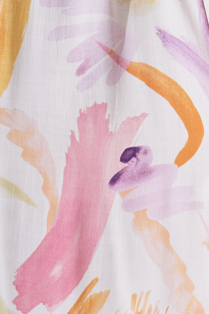 Nerja Midi Shirt Dress In White With Multi Print Linen Blend - fabric