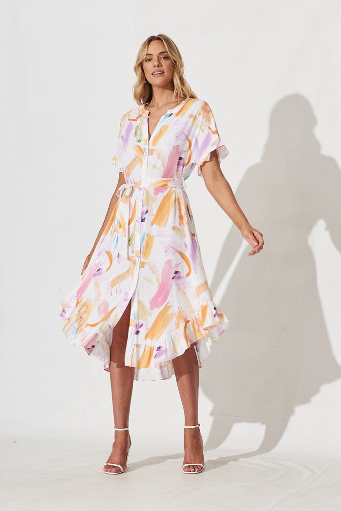Nerja Midi Shirt Dress In White With Multi Print Linen Blend - full length