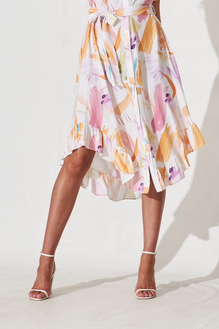 Nerja Midi Shirt Dress In White With Multi Print Linen Blend - detail
