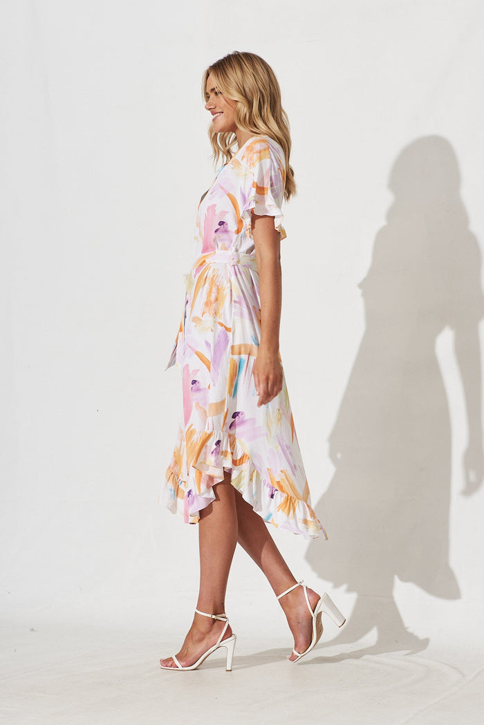 Nerja Midi Shirt Dress In White With Multi Print Linen Blend - side