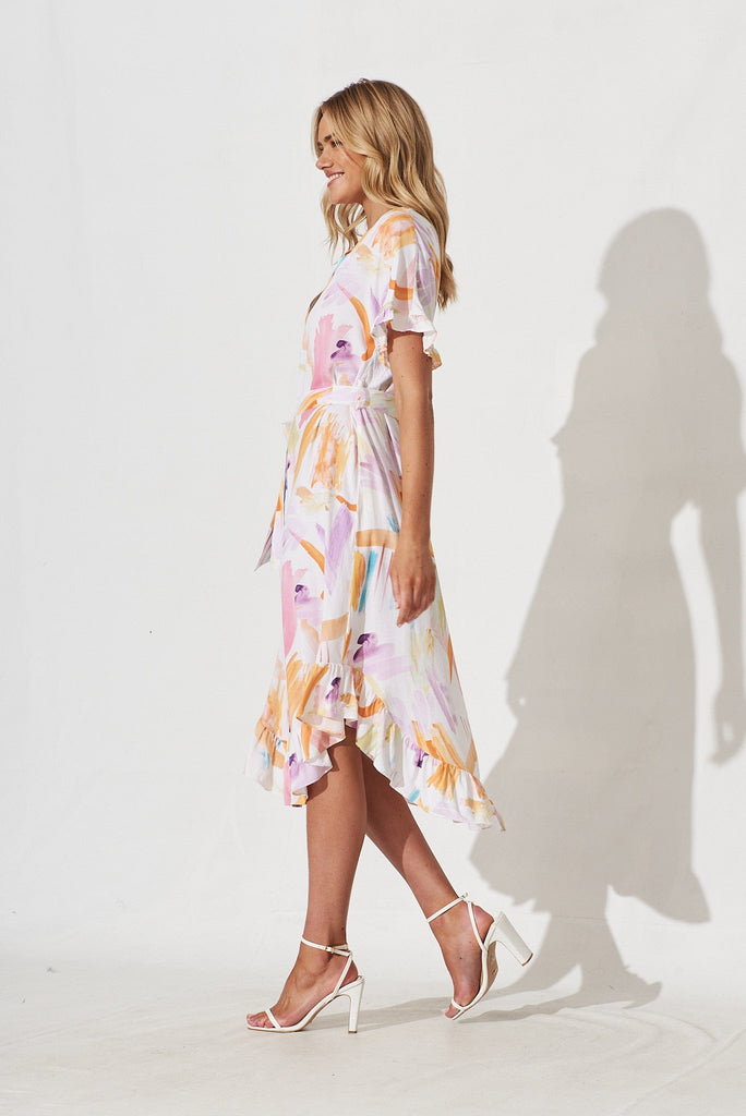 Nerja Midi Shirt Dress In White With Multi Print Linen Blend - side