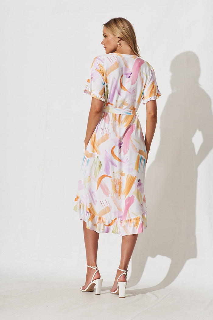 Nerja Midi Shirt Dress In White With Multi Print Linen Blend - back