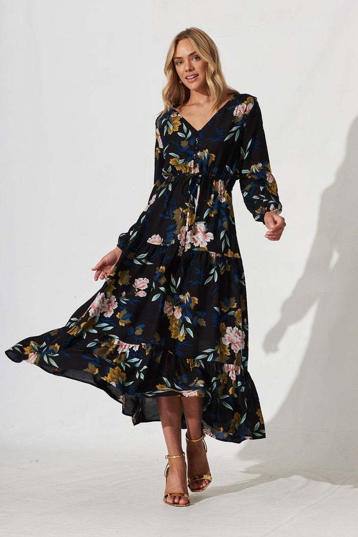 Zapara Maxi Dress In Black With Green Leaf - full length