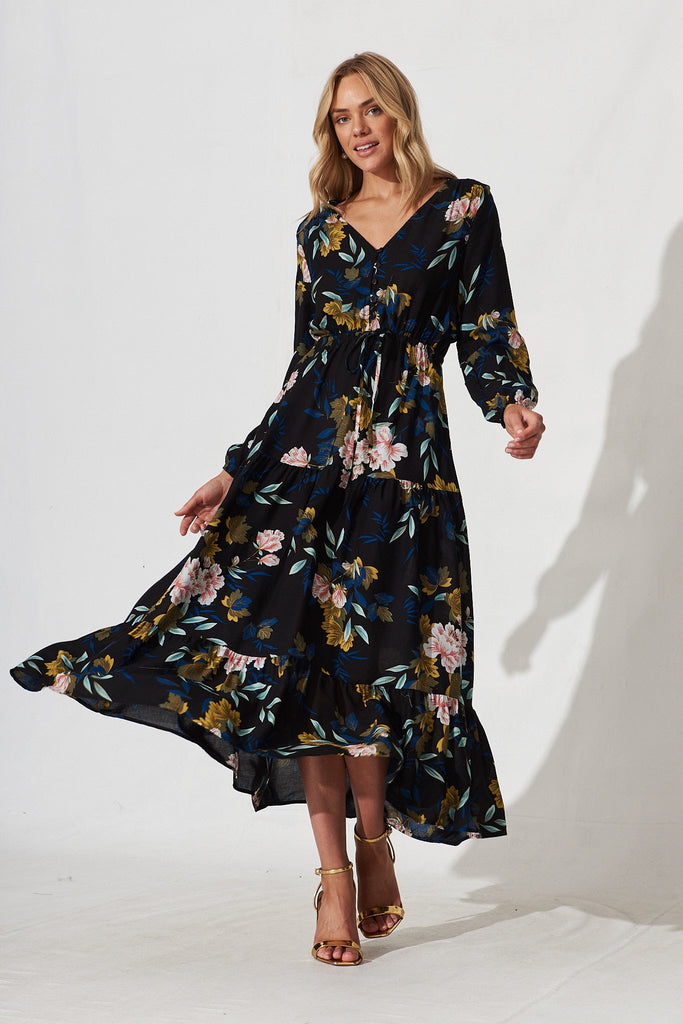 Zapara Maxi Dress In Black With Green Leaf - full length