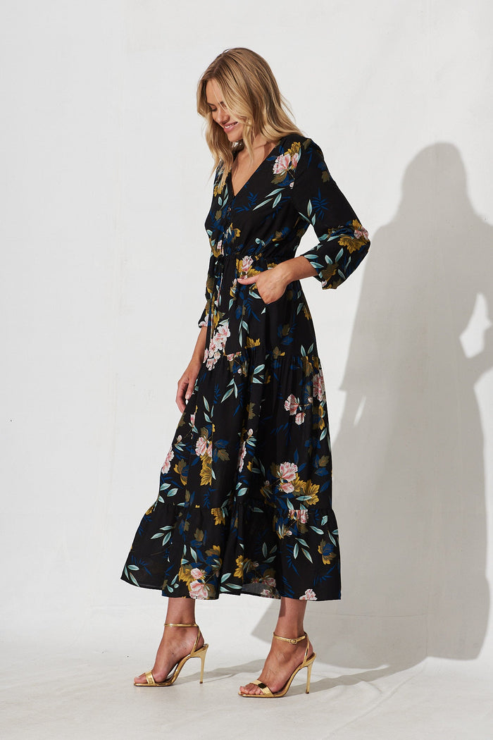 Zapara Maxi Dress In Black With Green Leaf - side