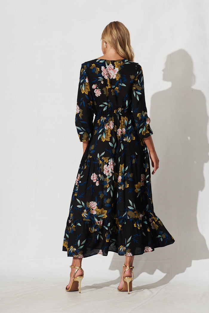 Zapara Maxi Dress In Black With Green Leaf - back