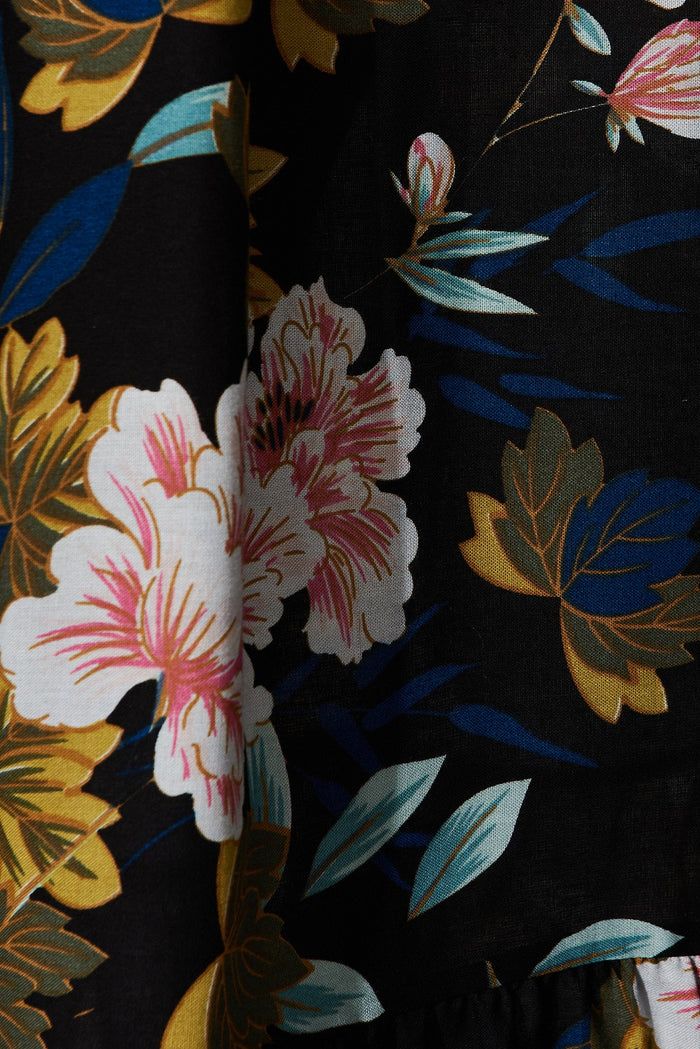 Zapara Maxi Dress In Black With Green Leaf - fabric