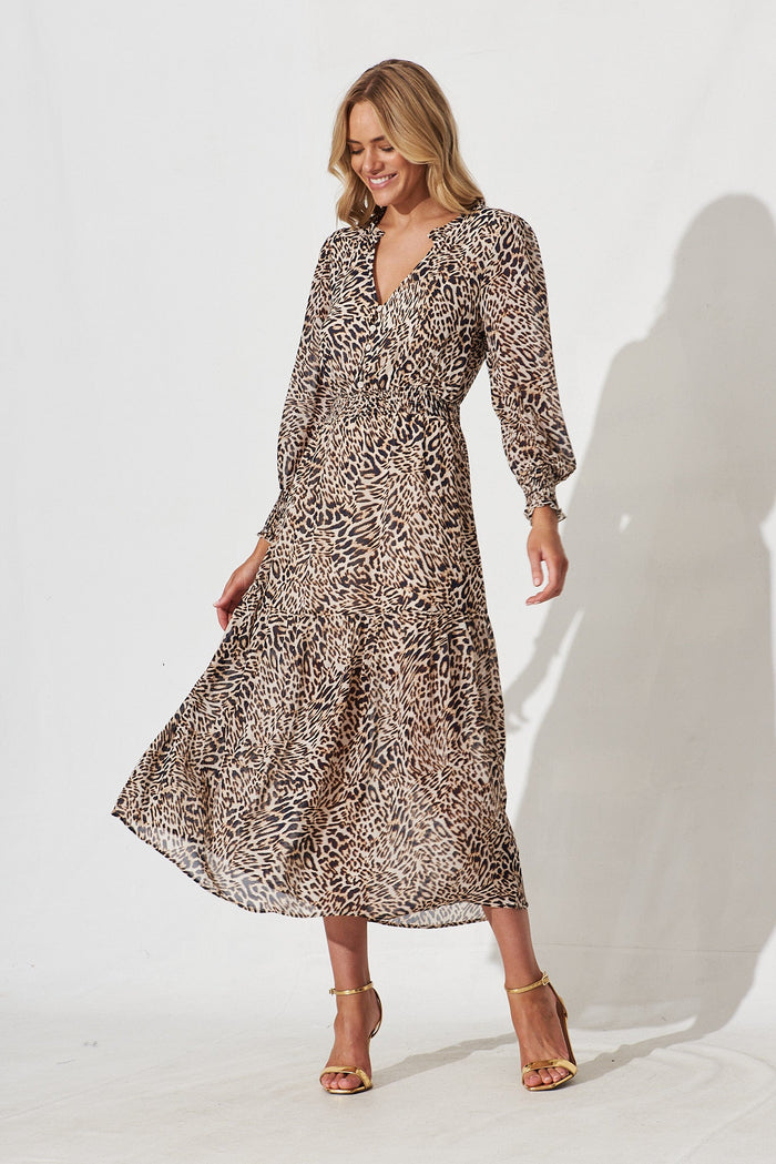 Armona Maxi Dress In Brown Leopard Print - St Frock (Dev)