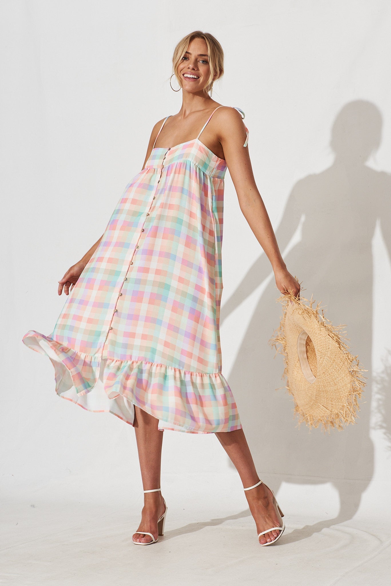Palma Midi Dress In Multi Check Gingham Linen Blend - full length